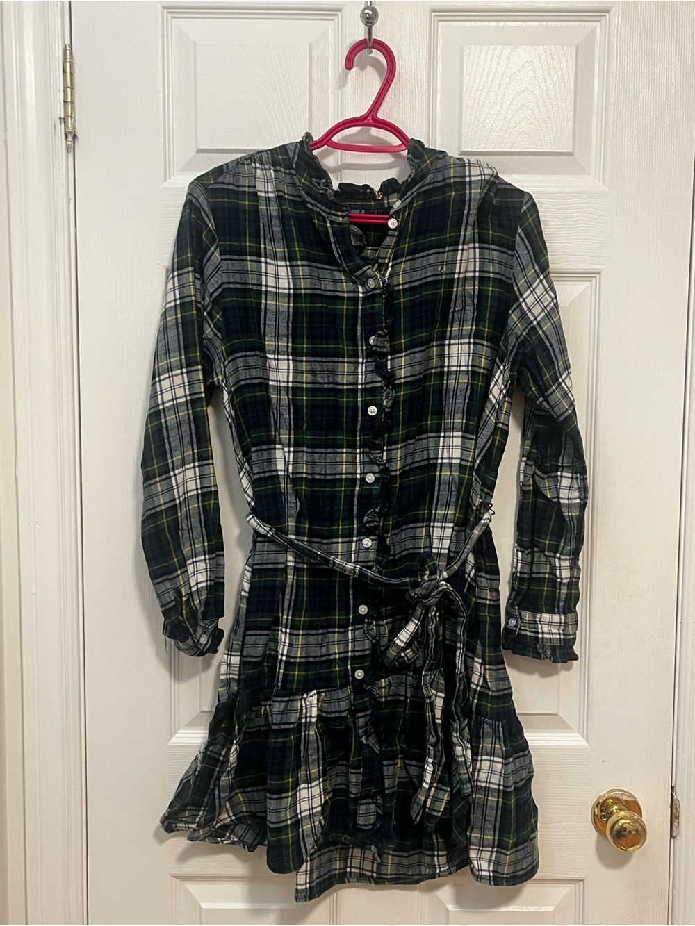 Plaid Button-Front Waist-Tie Dress in Black and White and Green